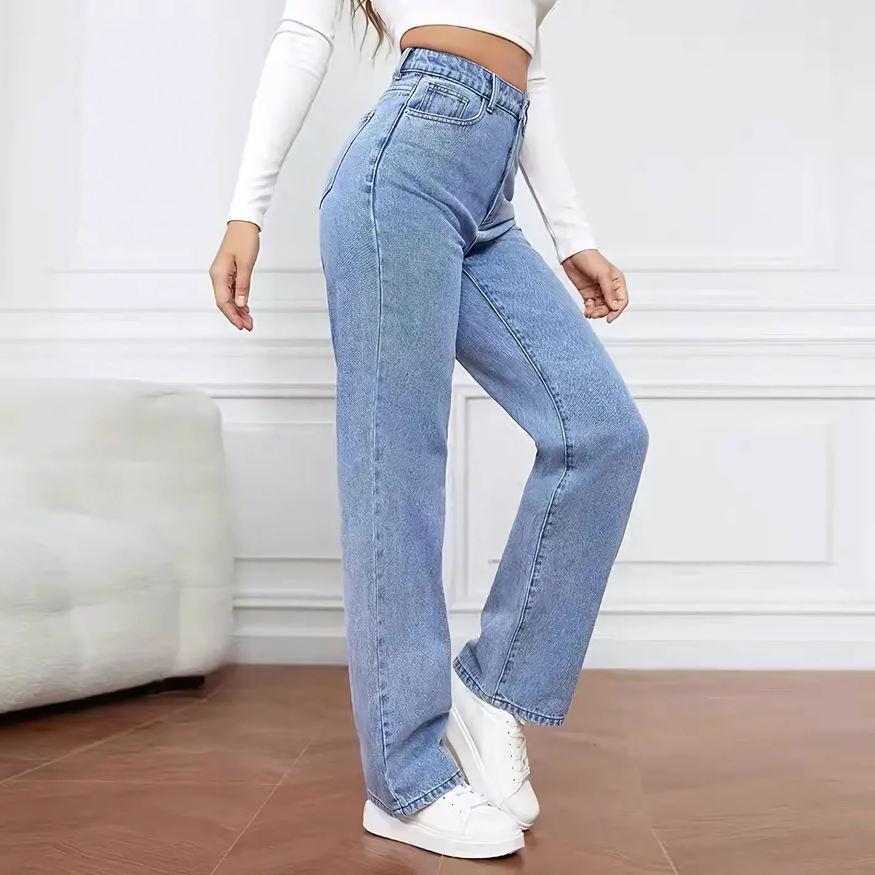 2PCS Vintage High Waist Loose and Stretchy Denim Pants