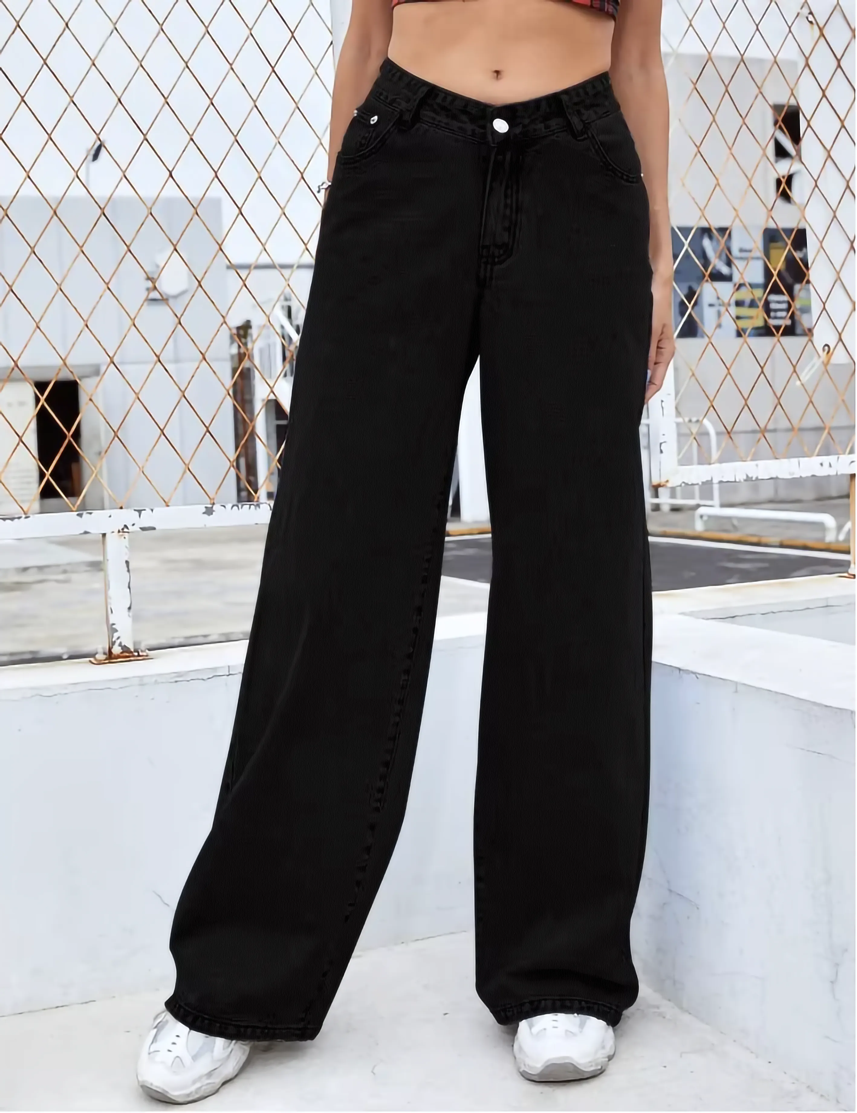 2PCS Vintage High Waist Loose and Stretchy Denim Pants