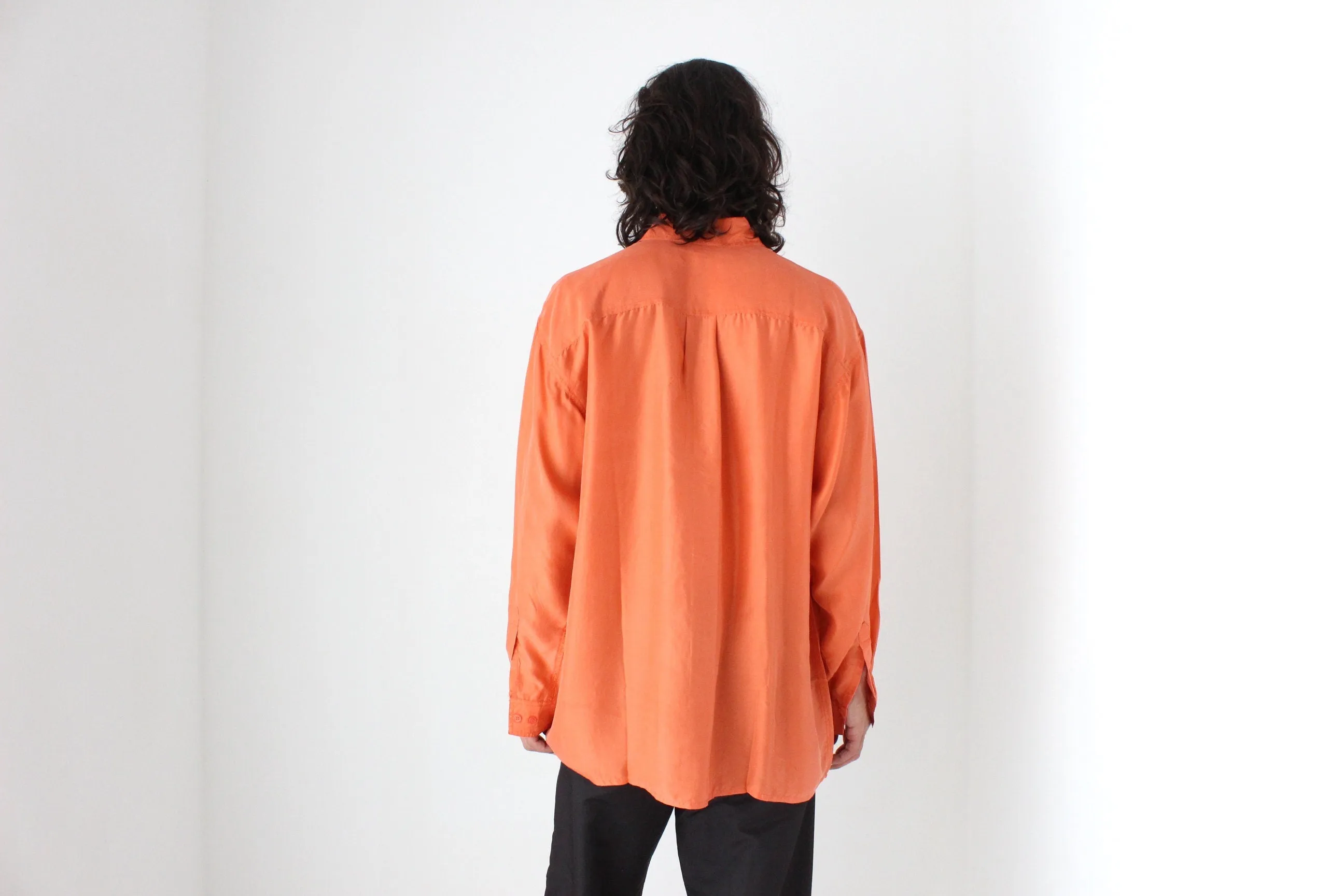 80s PURE SILK Relaxed Long Sleeve Shirt in Vibrant Orange