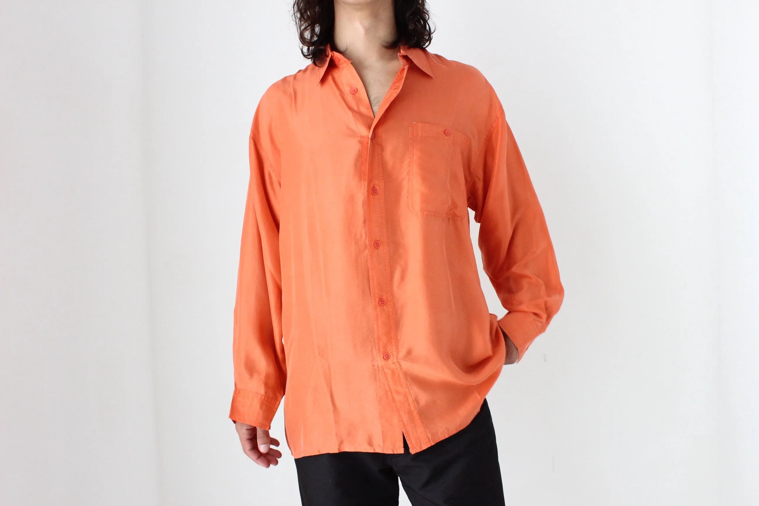 80s PURE SILK Relaxed Long Sleeve Shirt in Vibrant Orange