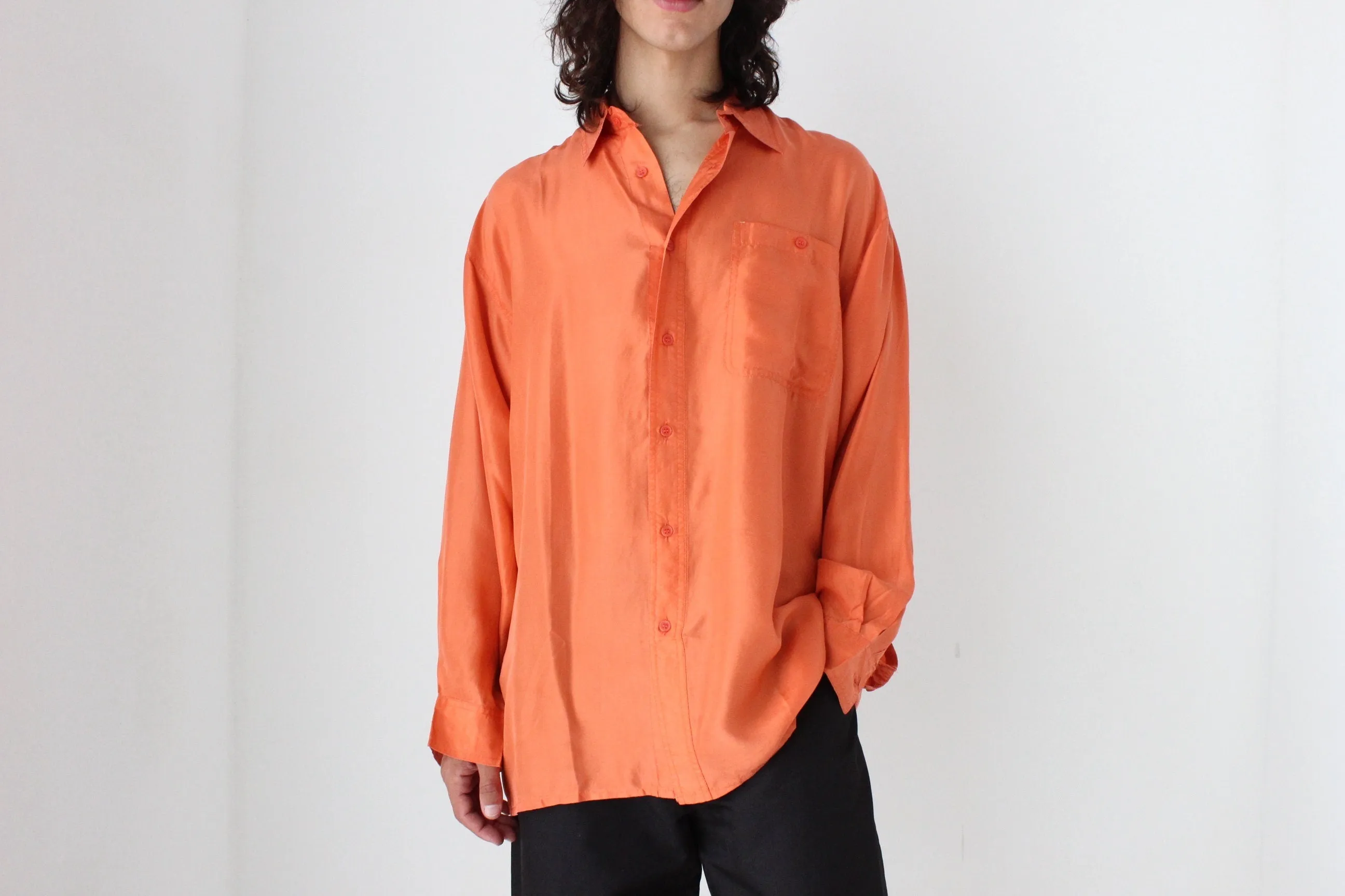 80s PURE SILK Relaxed Long Sleeve Shirt in Vibrant Orange