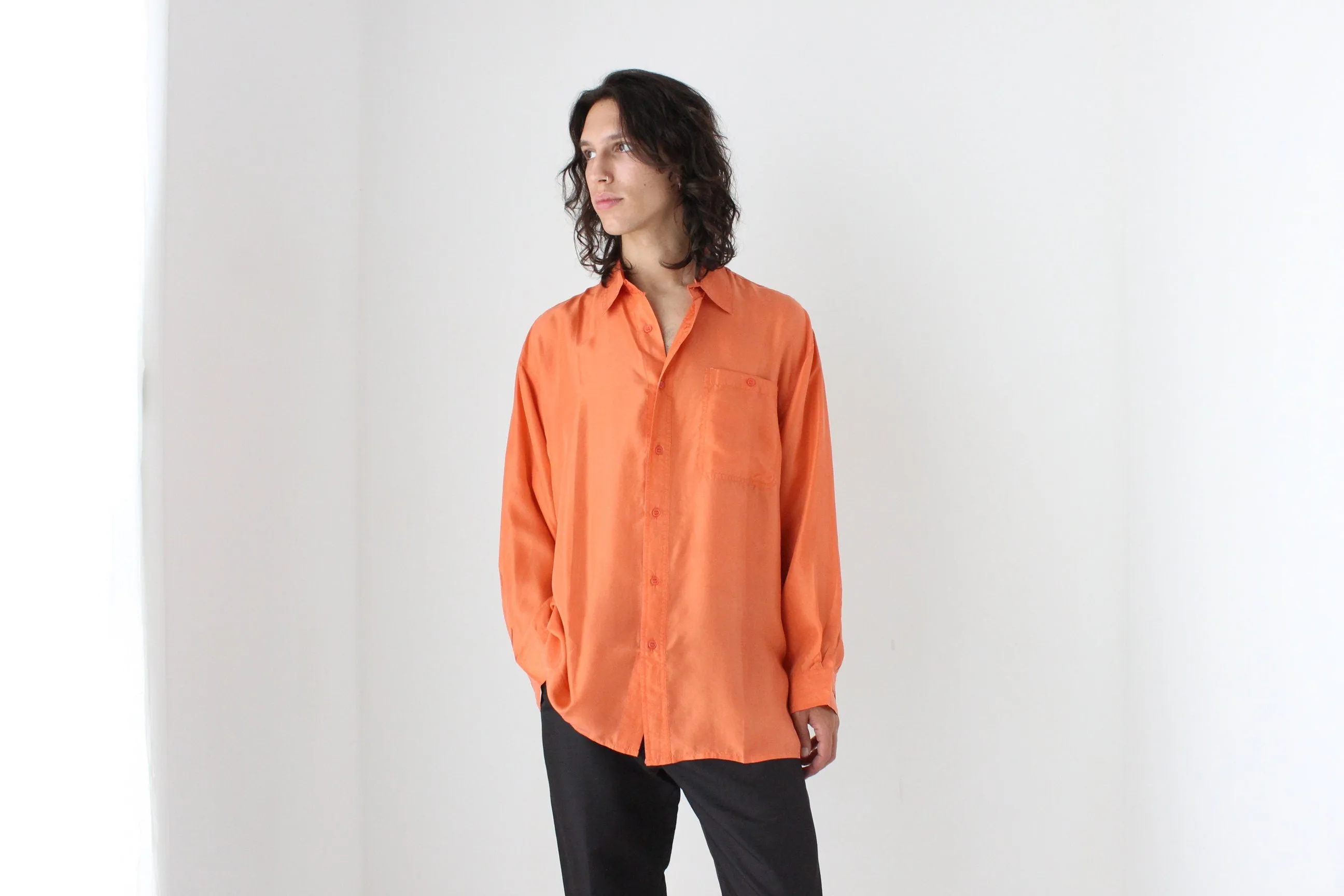 80s PURE SILK Relaxed Long Sleeve Shirt in Vibrant Orange