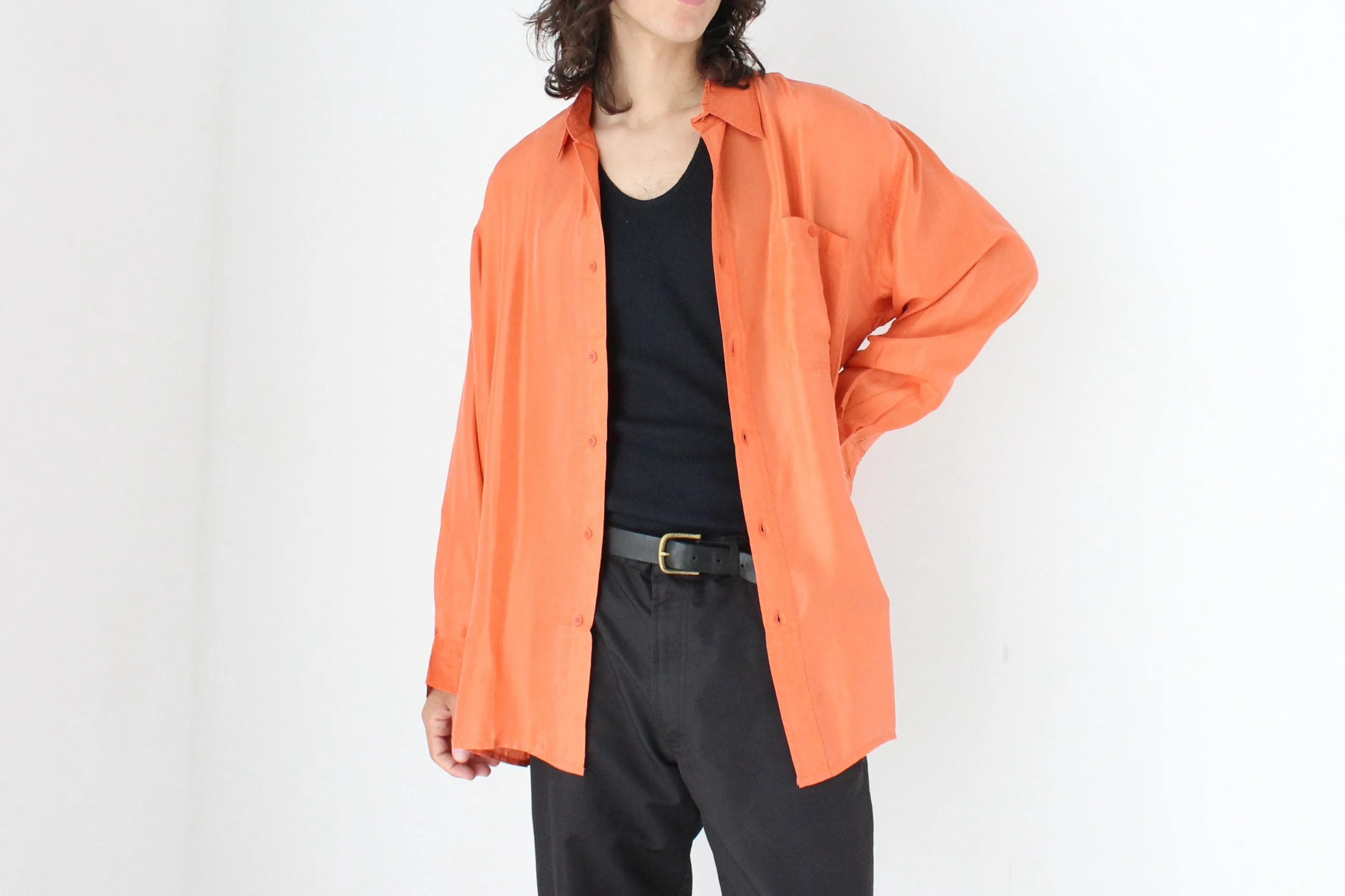 80s PURE SILK Relaxed Long Sleeve Shirt in Vibrant Orange