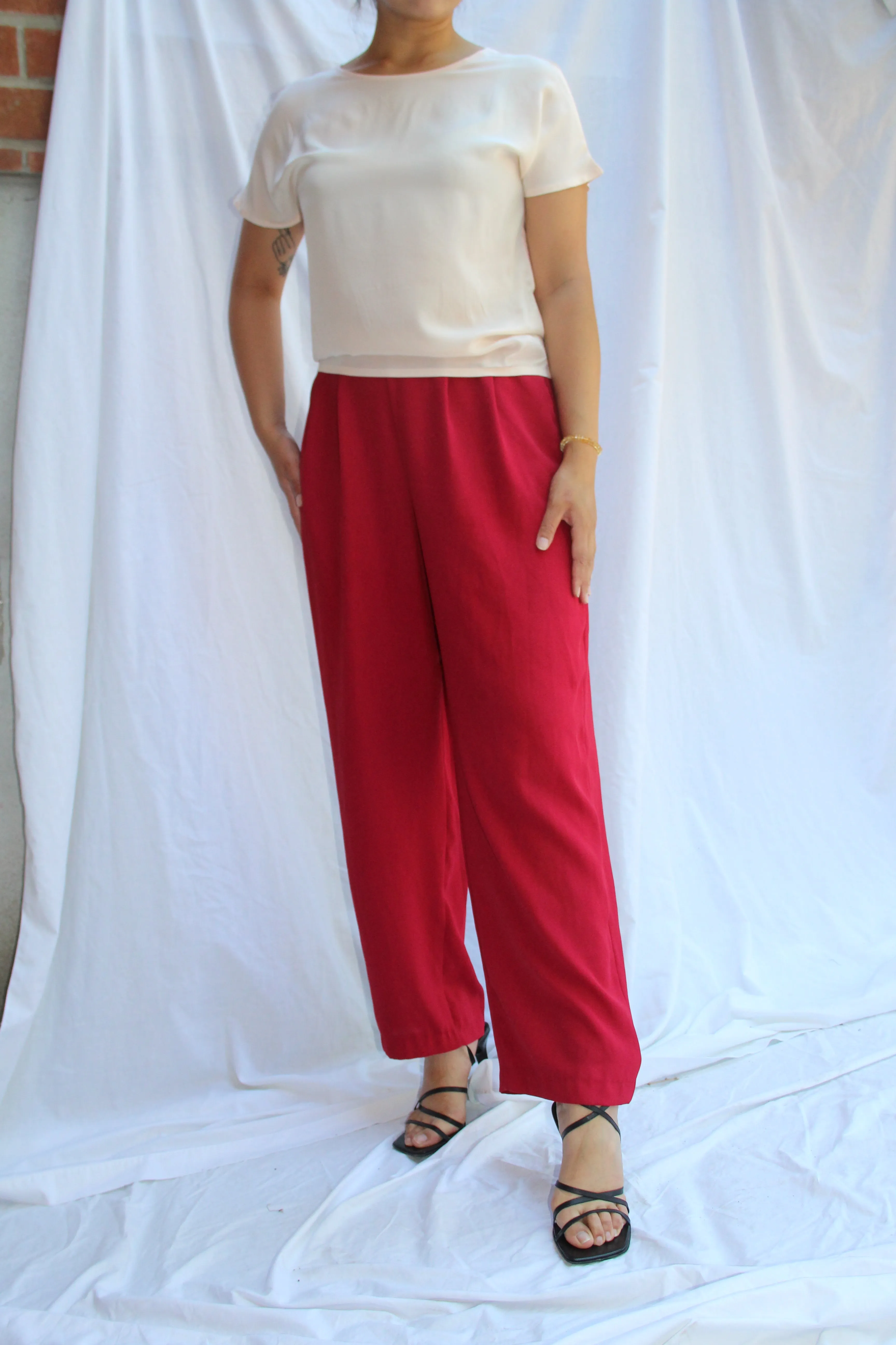 90s Crimson Wide-Leg Flowy Culottes - S