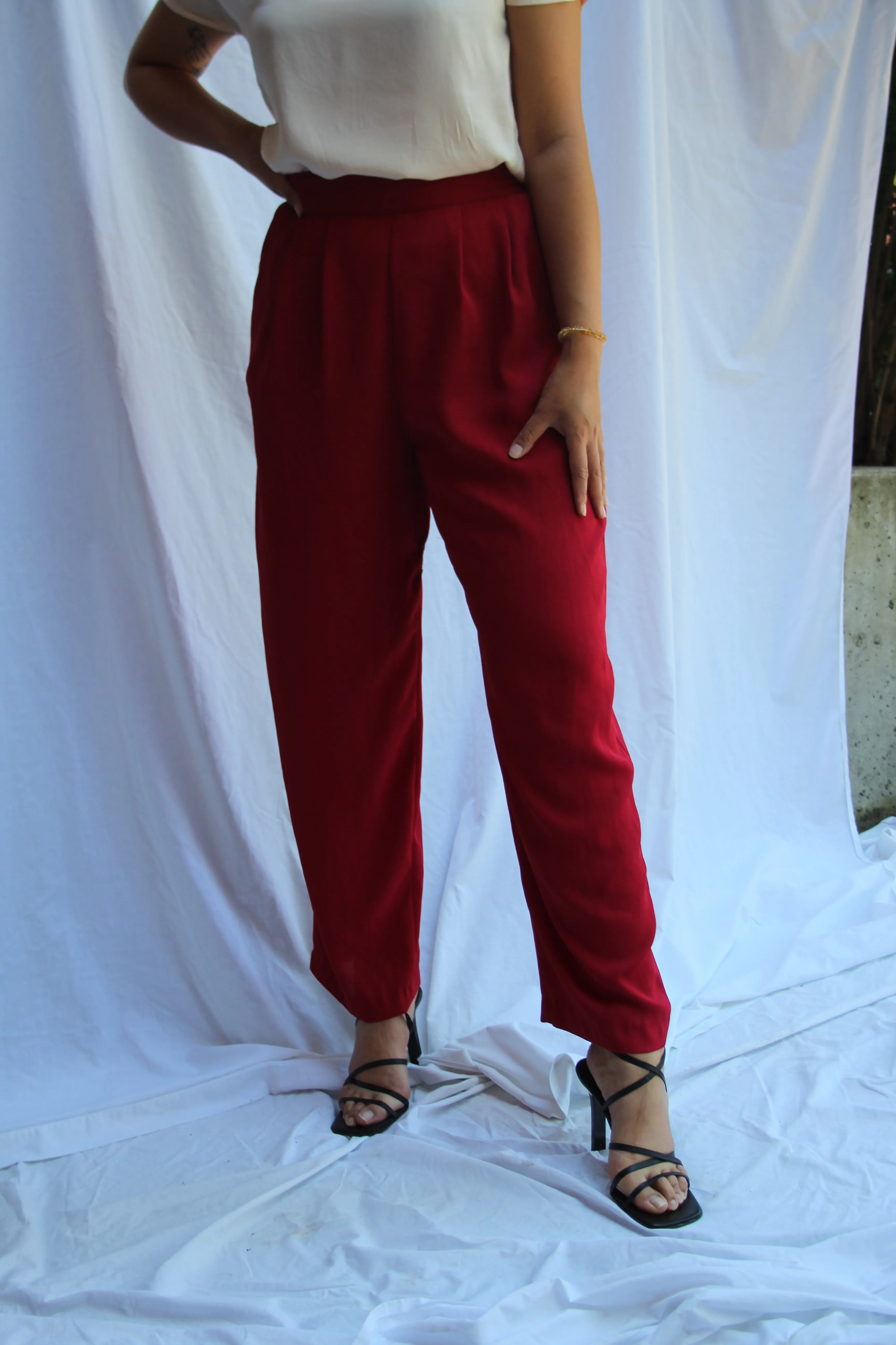 90s Crimson Wide-Leg Flowy Culottes - S