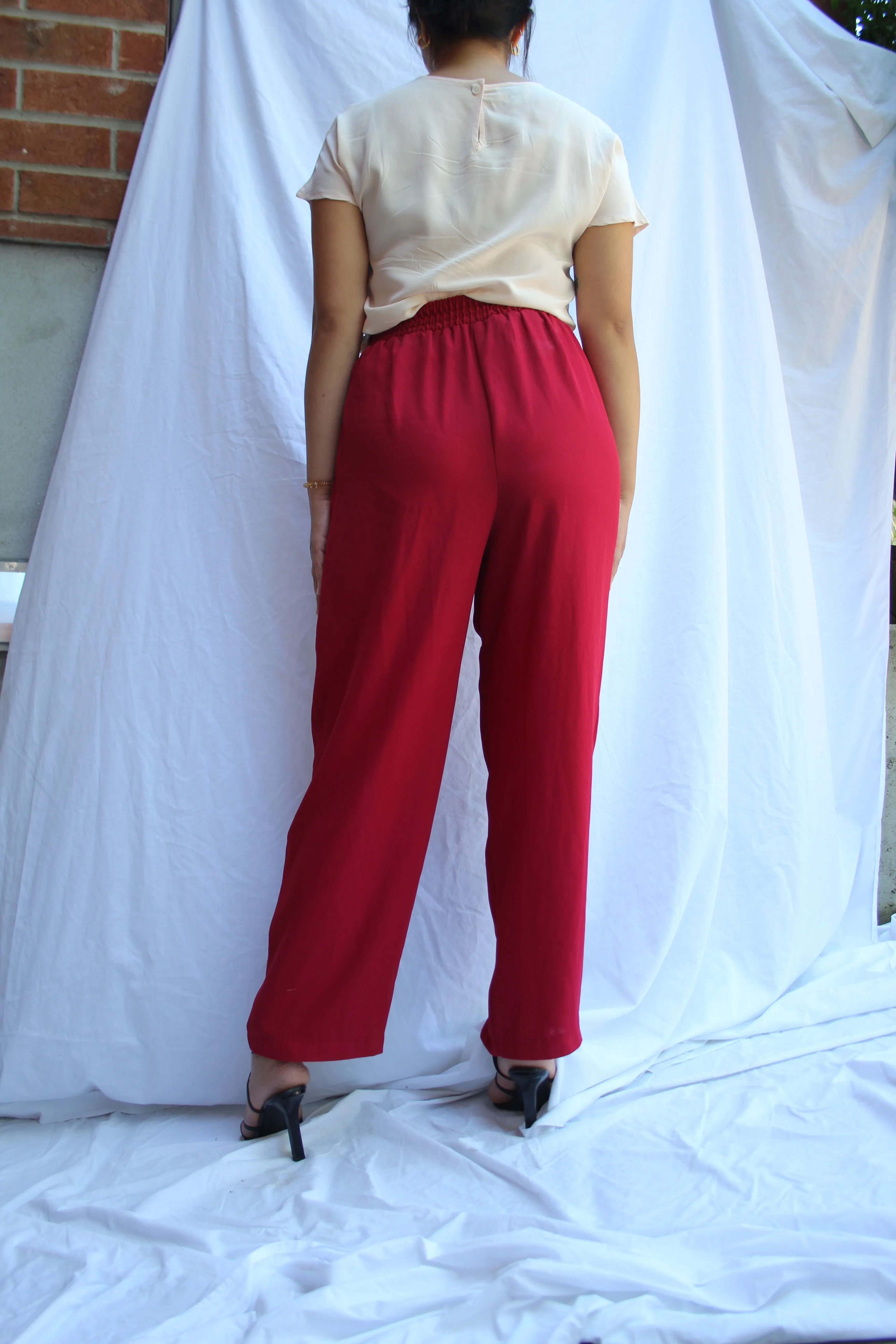 90s Crimson Wide-Leg Flowy Culottes - S