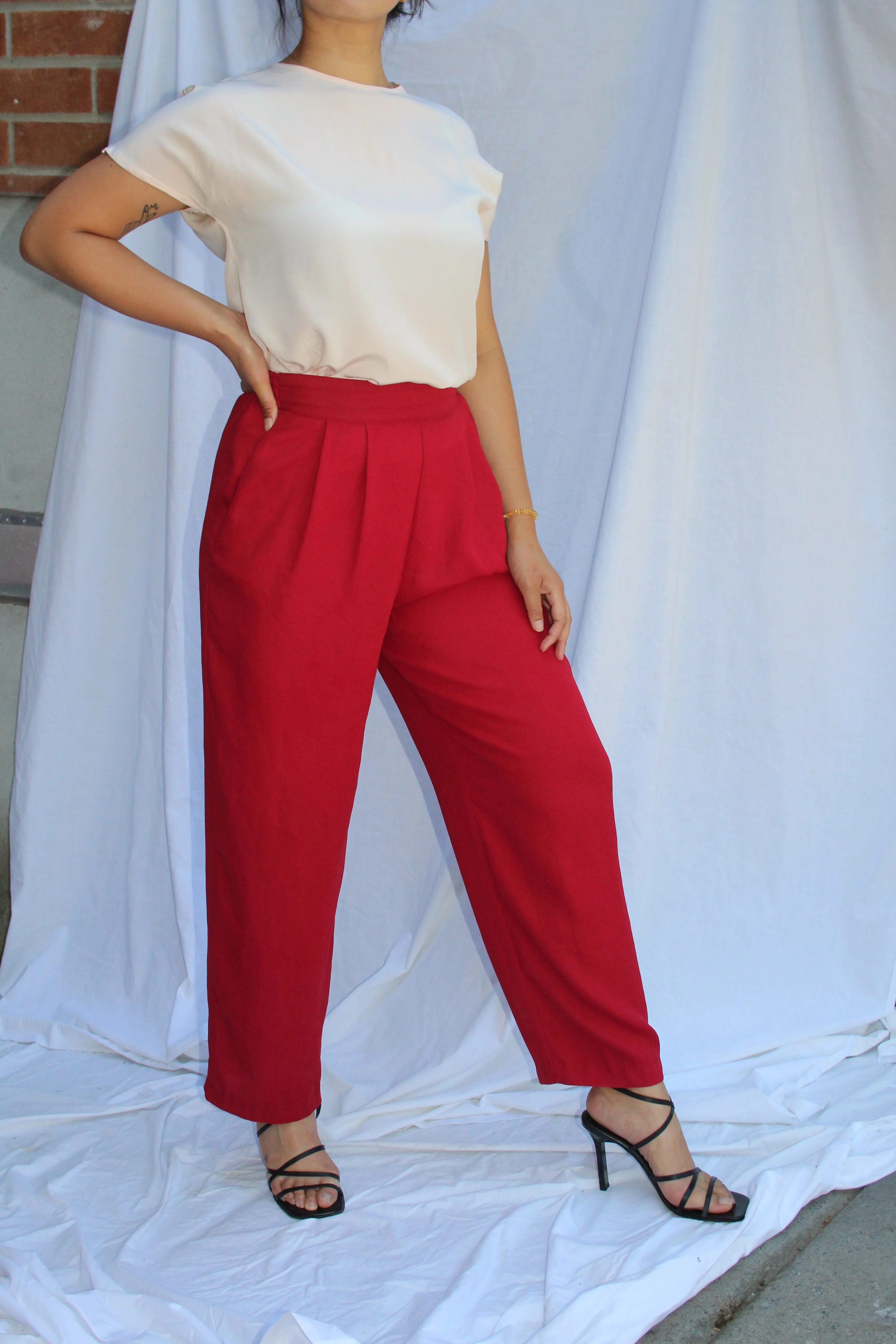 90s Crimson Wide-Leg Flowy Culottes - S