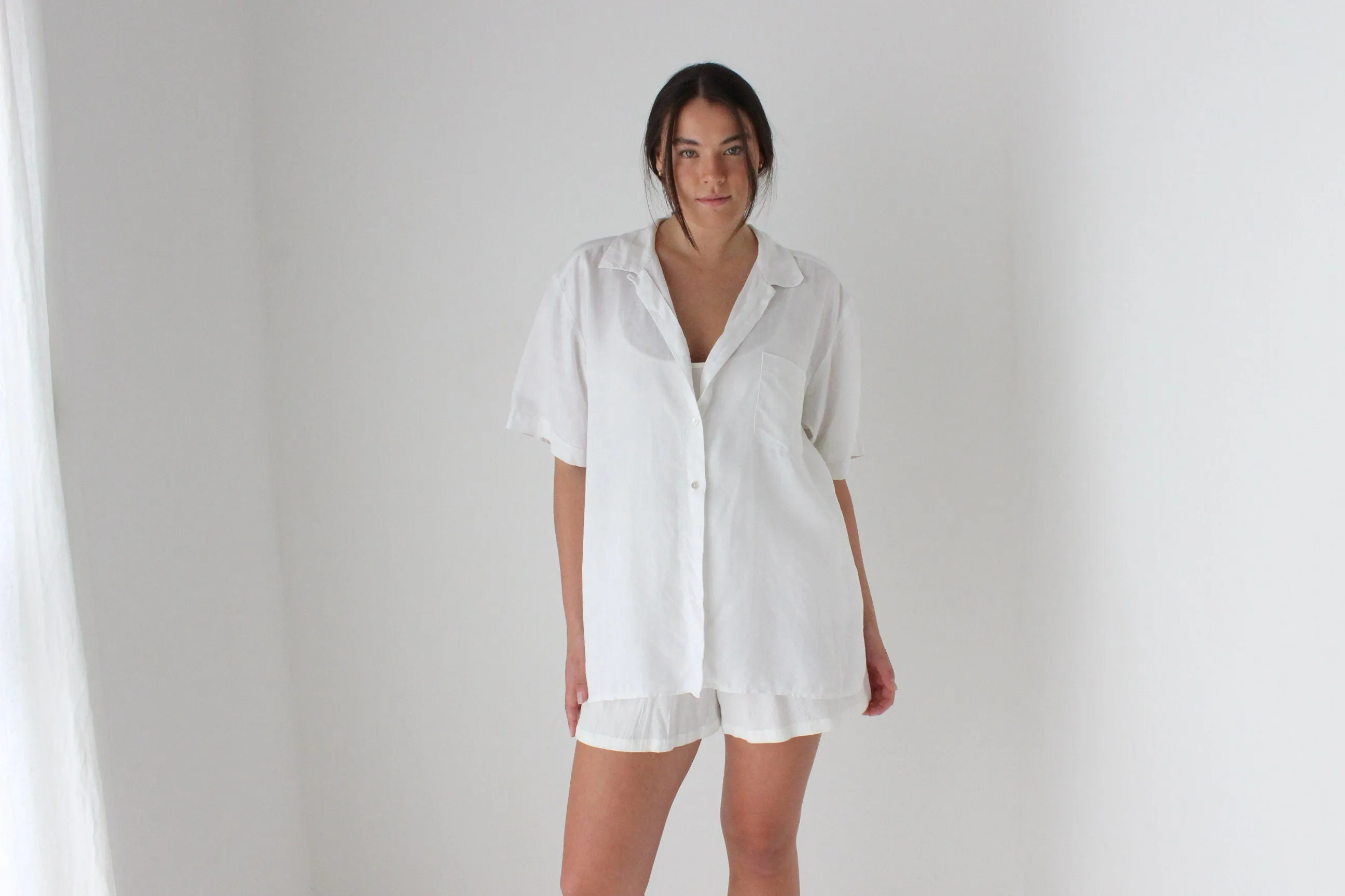 90s XL Crisp Quality White Linen Boxy Shirt