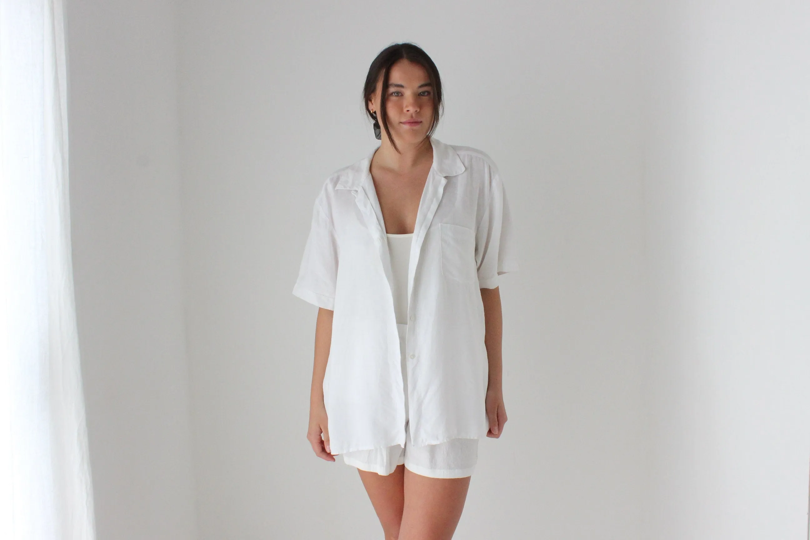 90s XL Crisp Quality White Linen Boxy Shirt