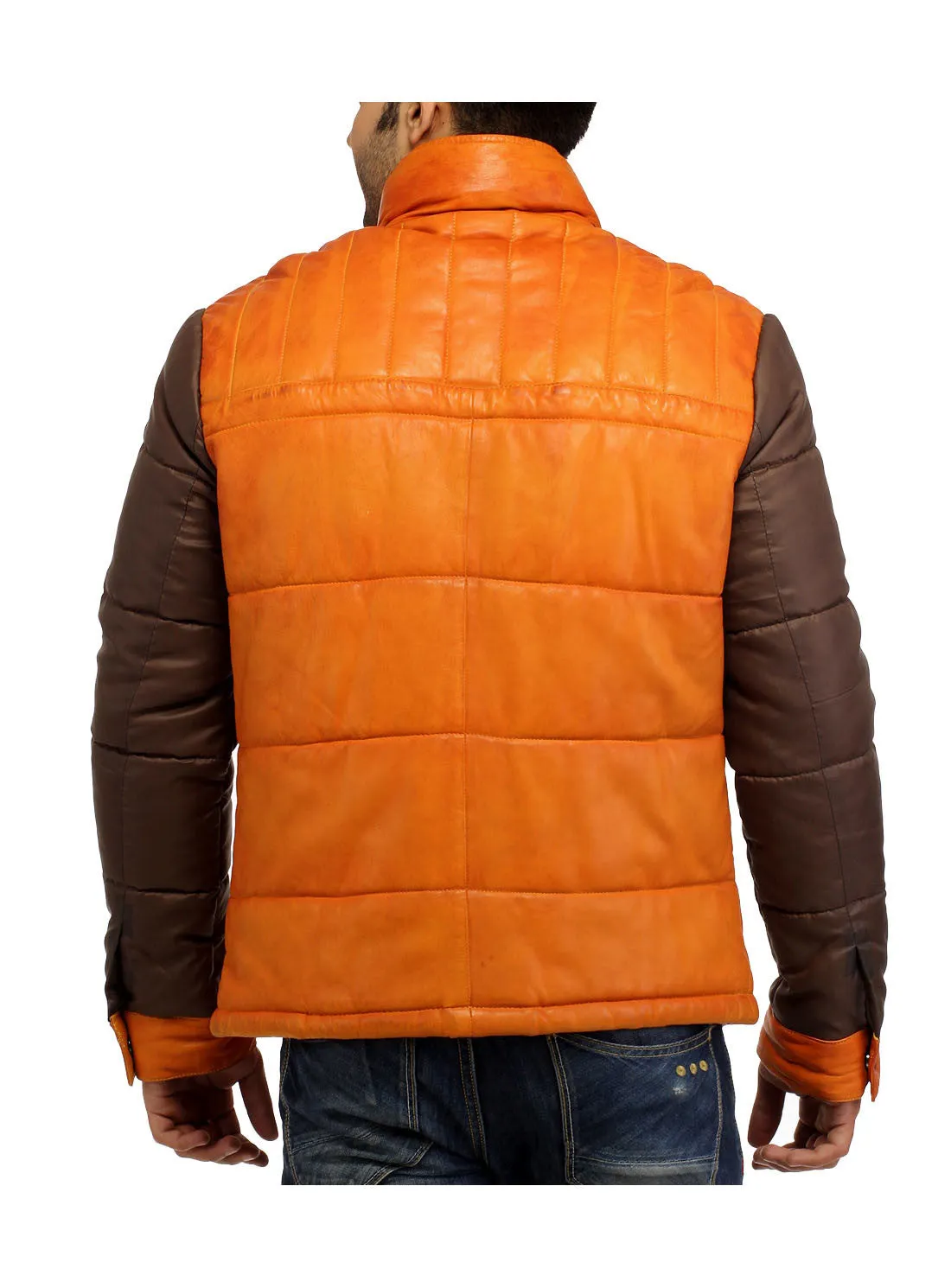 Alaska F-  Best Seller Men Leather Puffer Jacket with fabric Sleeve