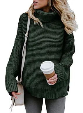 Aleumdr Womens Fashion Warm Turtleneck Long Sleeves Solid Printed Chunky Knit Jumper Pullover Sweater Green Small