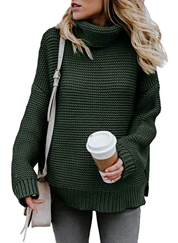 Aleumdr Womens Fashion Warm Turtleneck Long Sleeves Solid Printed Chunky Knit Jumper Pullover Sweater Green Small