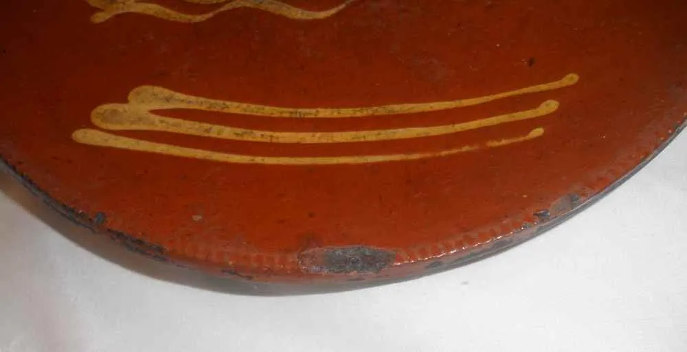 Antique 10 Inch Lead Glazed Yellow Slip Decorated Redware Plate Philadelphia PA