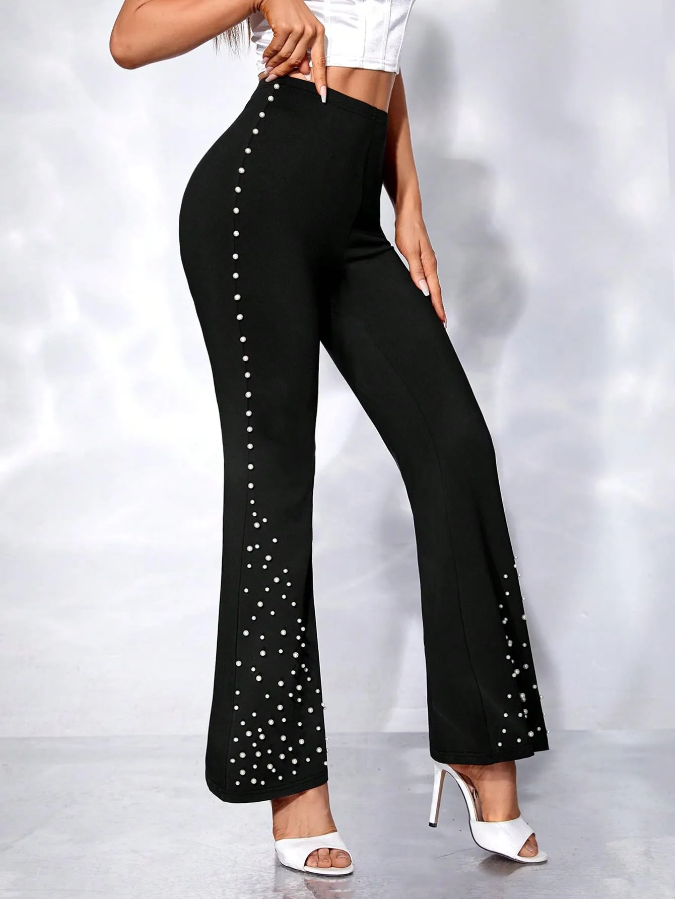 Black Pearl Beaded High Waist Flare Pants