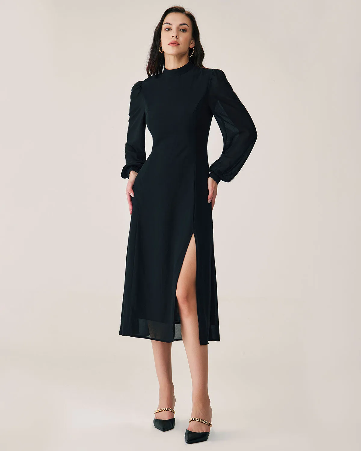 Black Sheer Turtleneck Flowy Midi Dress