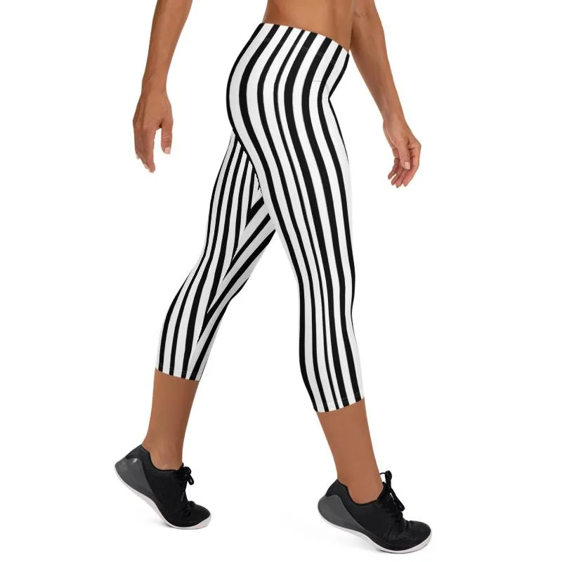 Black Striped Capri Leggings, White Vertical Striped Women's Capris- Made in USA/ EU