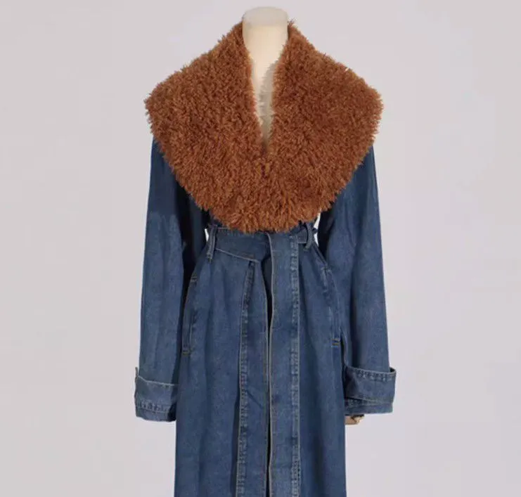 Blue Marine Faded Denim Faux Fur Trench Coat