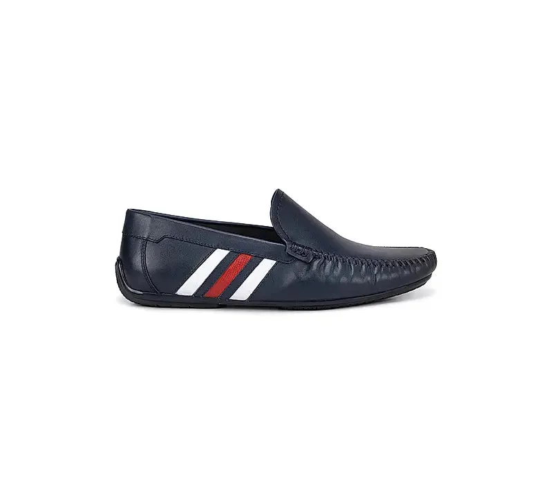 Blue Plain Leather Striped Moccasins