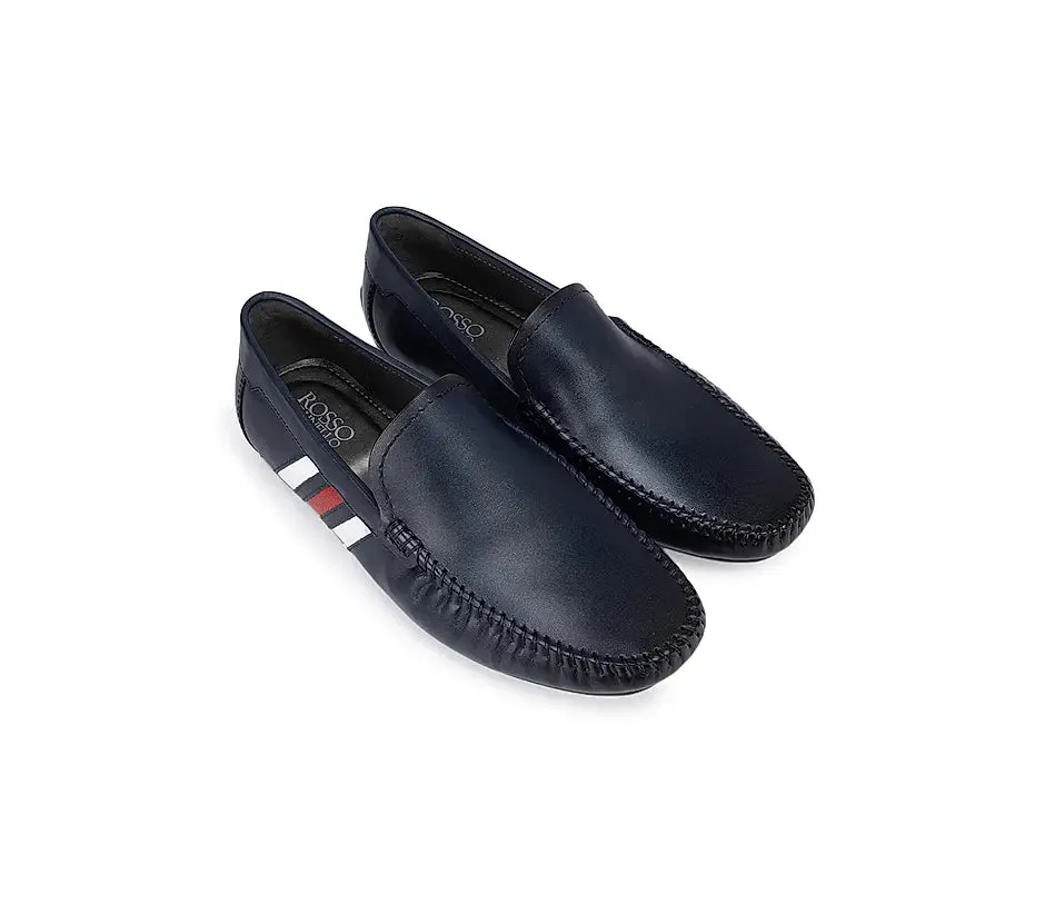 Blue Plain Leather Striped Moccasins