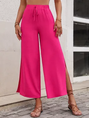 Bright Summer Pink High Waist Slit Wide Leg Pants