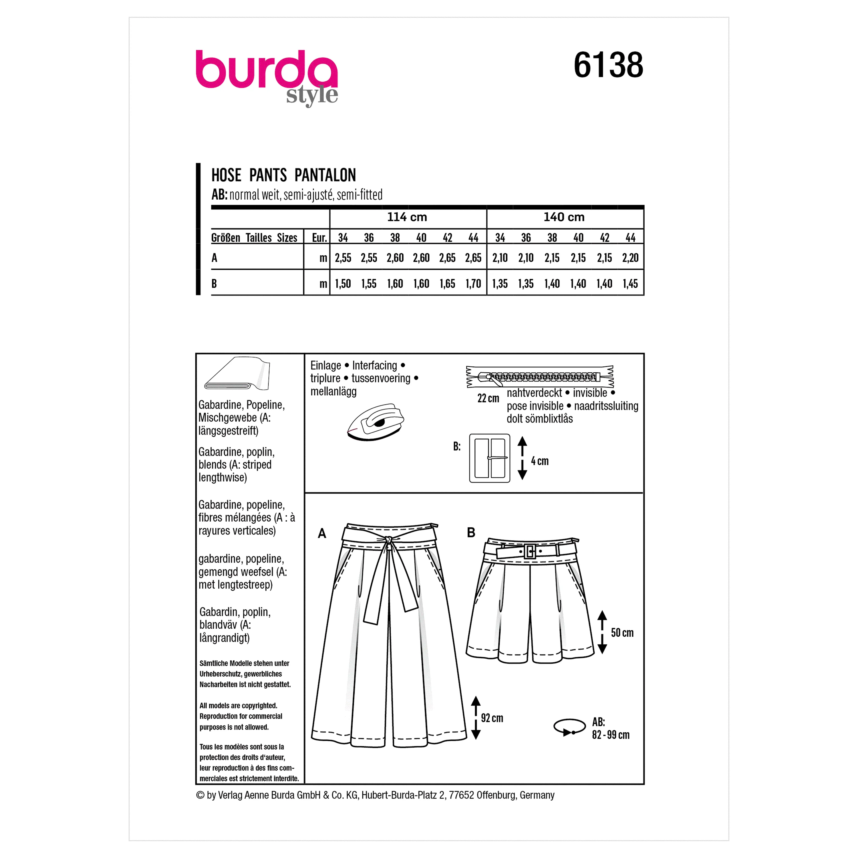 Burda Pattern 6138 Misses' Culottes, Trousers, Pants