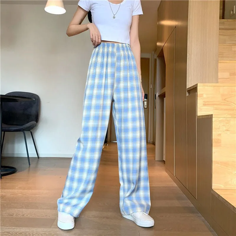 Chequered Pants Women Summer High Waist Slim Look Straight Wide Leg Loose Drape Casual Floor Length Pants