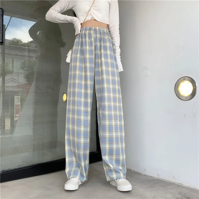 Chequered Pants Women Summer High Waist Slim Look Straight Wide Leg Loose Drape Casual Floor Length Pants