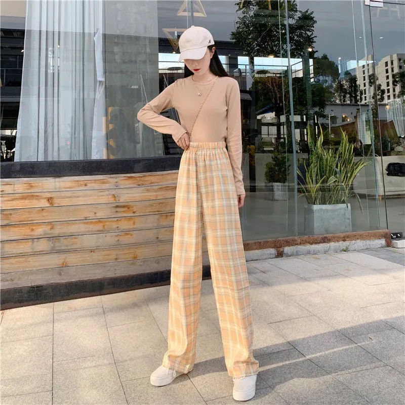 Chequered Pants Women Summer High Waist Slim Look Straight Wide Leg Loose Drape Casual Floor Length Pants