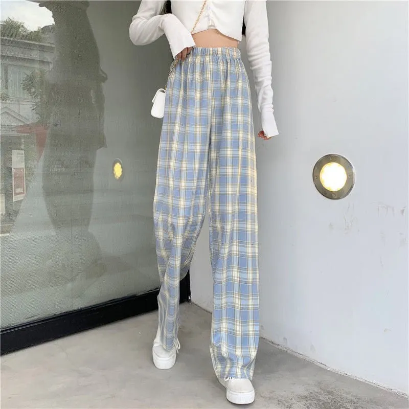 Chequered Pants Women Summer High Waist Slim Look Straight Wide Leg Loose Drape Casual Floor Length Pants