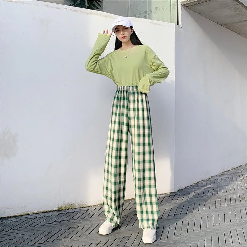 Chequered Pants Women Summer High Waist Slim Look Straight Wide Leg Loose Drape Casual Floor Length Pants