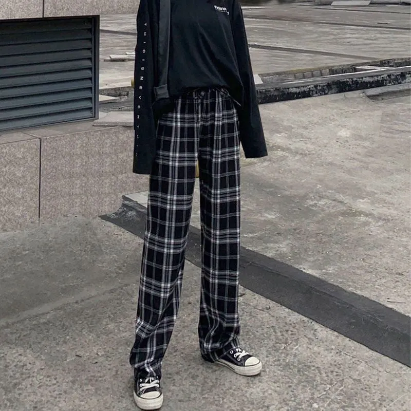 Chequered Pants Women Summer High Waist Slim Look Straight Wide Leg Loose Drape Casual Floor Length Pants