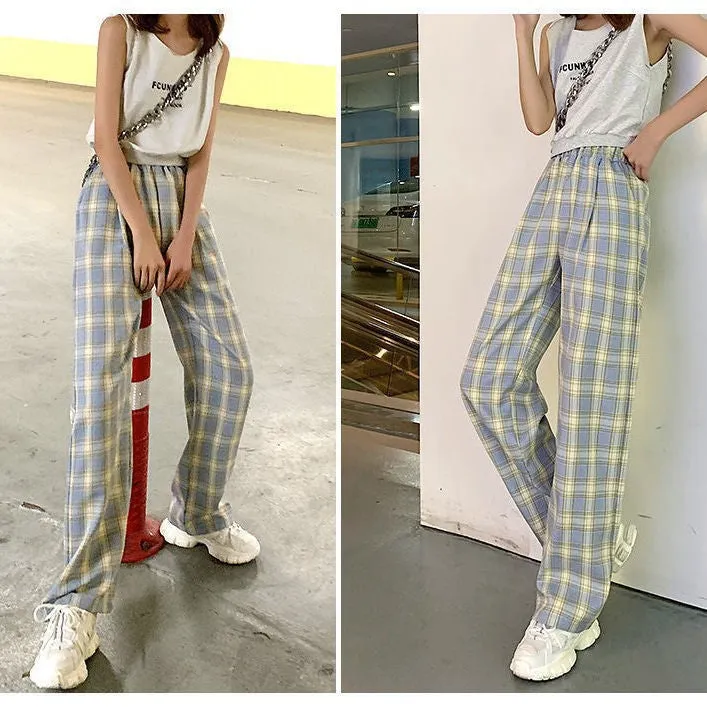 Chequered Pants Women Summer High Waist Slim Look Straight Wide Leg Loose Drape Casual Floor Length Pants