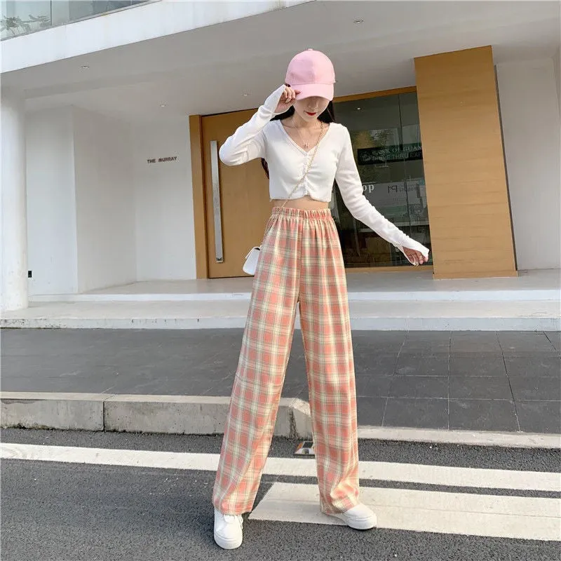 Chequered Pants Women Summer High Waist Slim Look Straight Wide Leg Loose Drape Casual Floor Length Pants