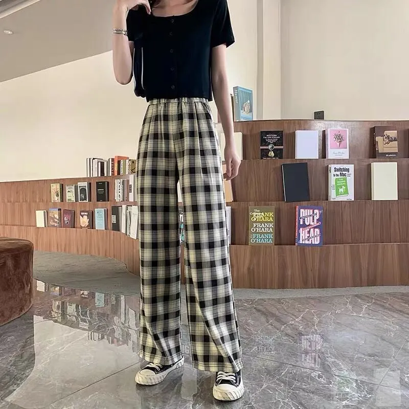 Chequered Pants Women Summer High Waist Slim Look Straight Wide Leg Loose Drape Casual Floor Length Pants