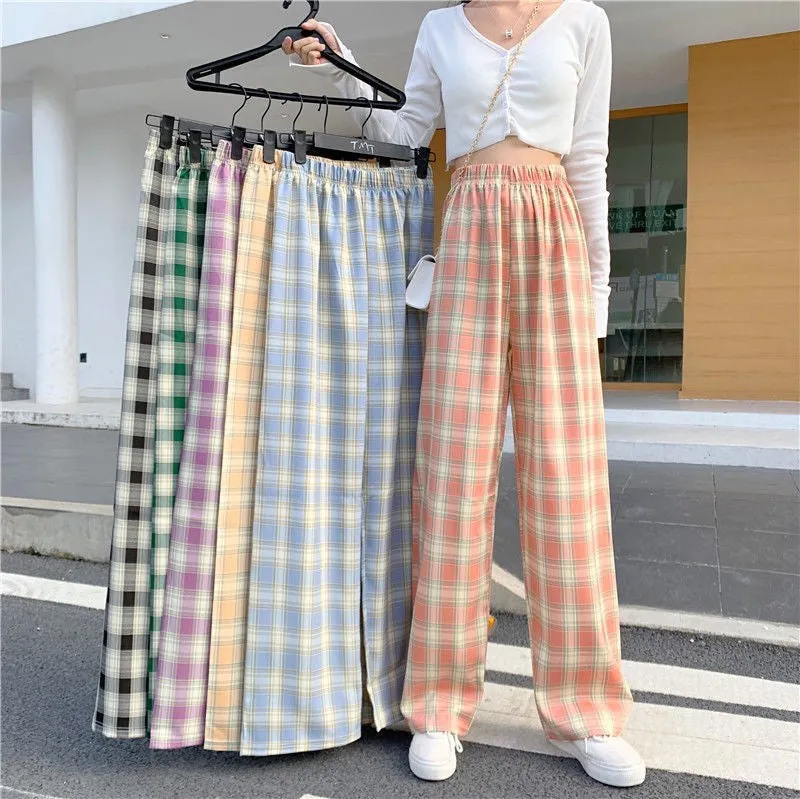 Chequered Pants Women Summer High Waist Slim Look Straight Wide Leg Loose Drape Casual Floor Length Pants