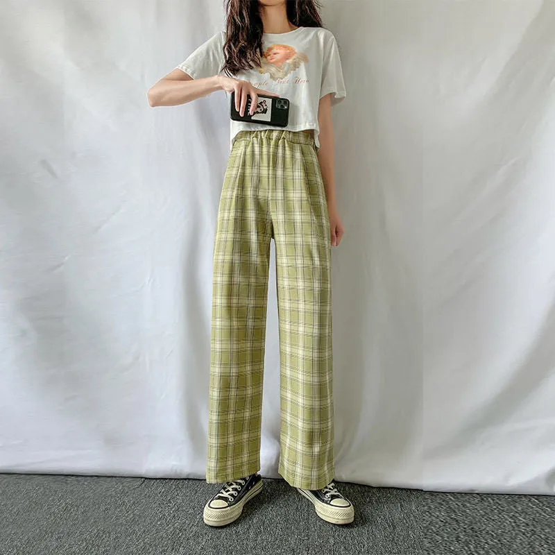 Chequered Pants Women Summer High Waist Slim Look Straight Wide Leg Loose Drape Casual Floor Length Pants