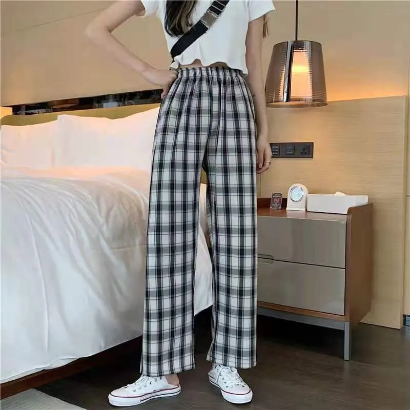 Chequered Pants Women Summer High Waist Slim Look Straight Wide Leg Loose Drape Casual Floor Length Pants