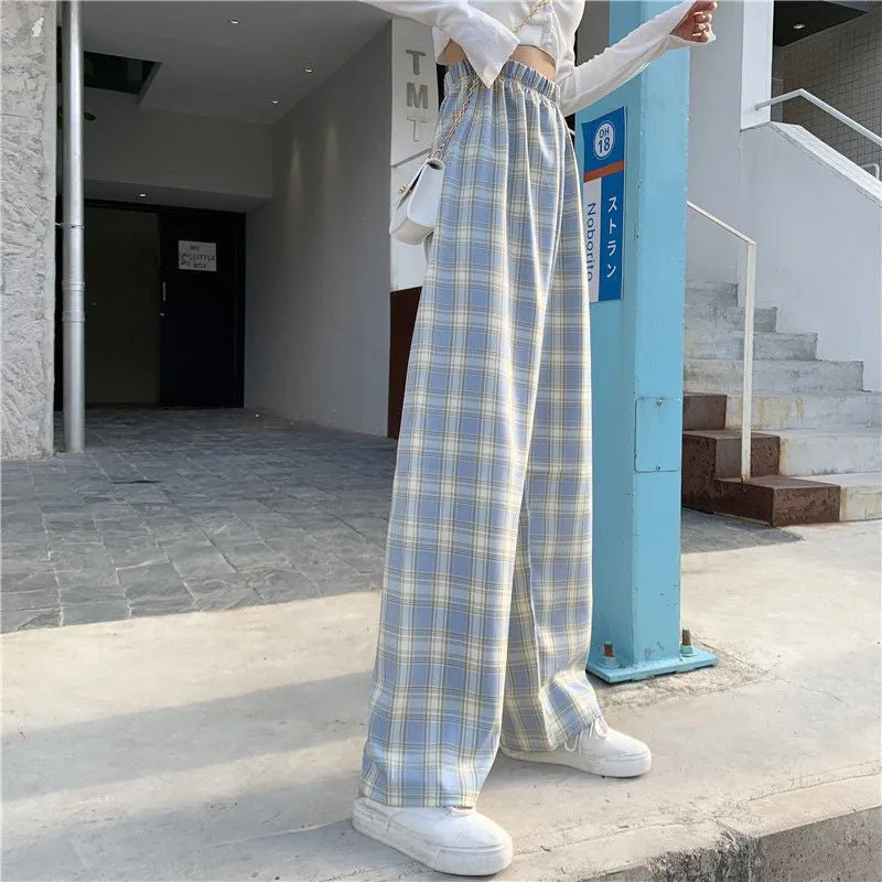 Chequered Pants Women Summer High Waist Slim Look Straight Wide Leg Loose Drape Casual Floor Length Pants