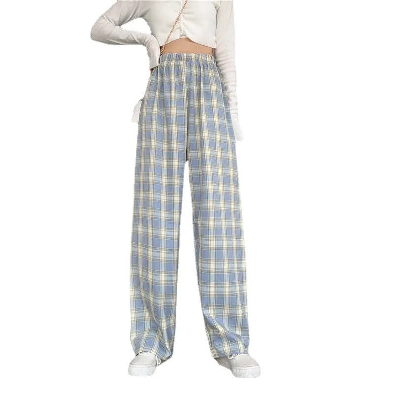 Chequered Pants Women Summer High Waist Slim Look Straight Wide Leg Loose Drape Casual Floor Length Pants