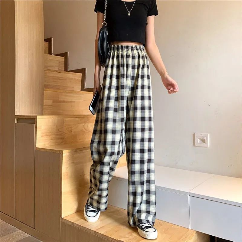 Chequered Pants Women Summer High Waist Slim Look Straight Wide Leg Loose Drape Casual Floor Length Pants