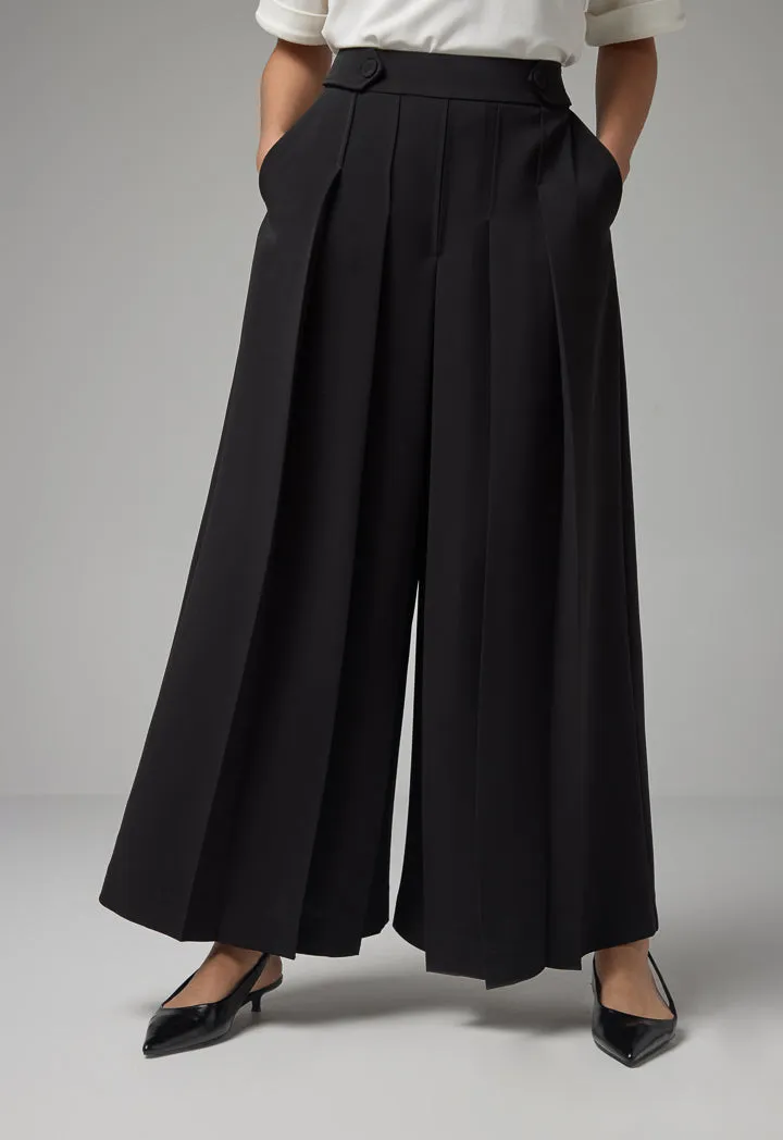 Choice Wide Legs Pleated Basic Culottes Black