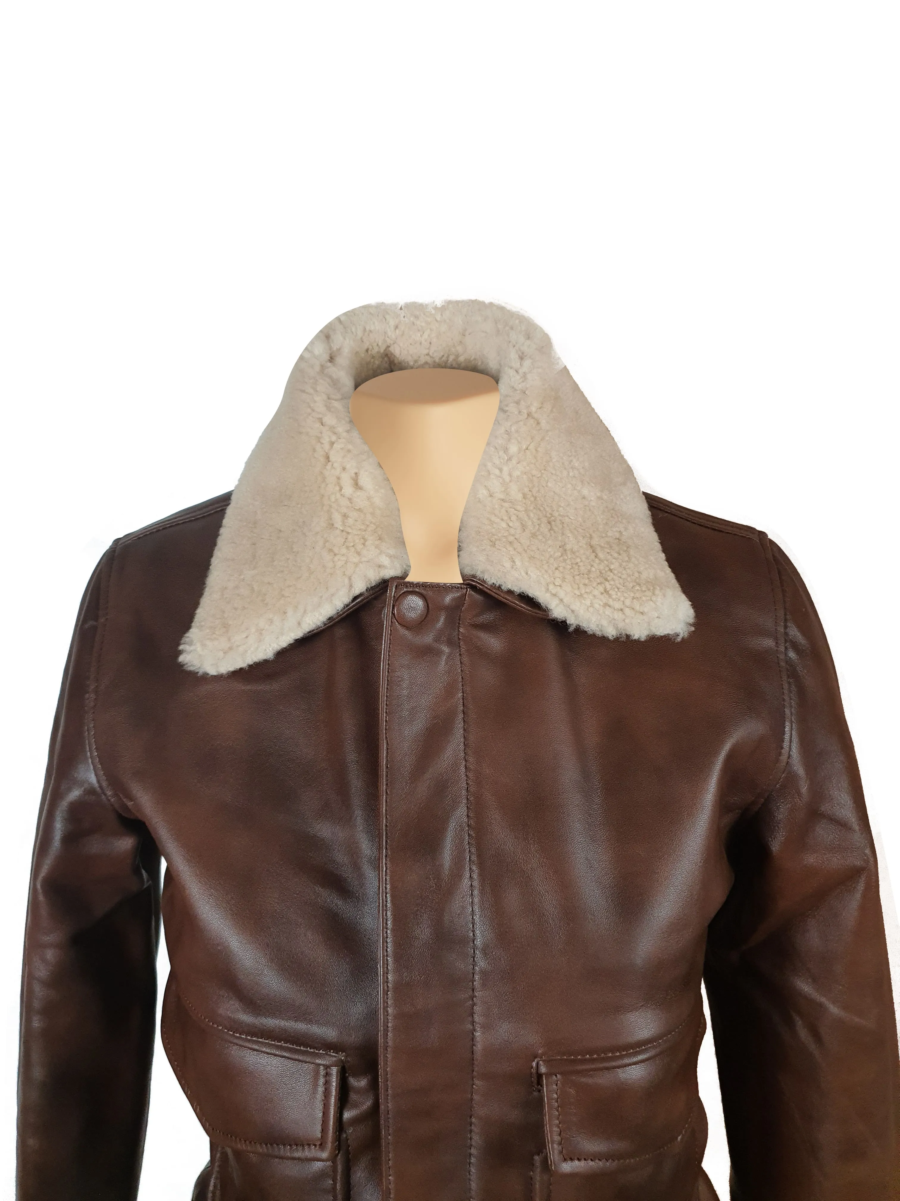 Cindy's two tone Brown A2 bomber Leather Jacket with Fur Collar