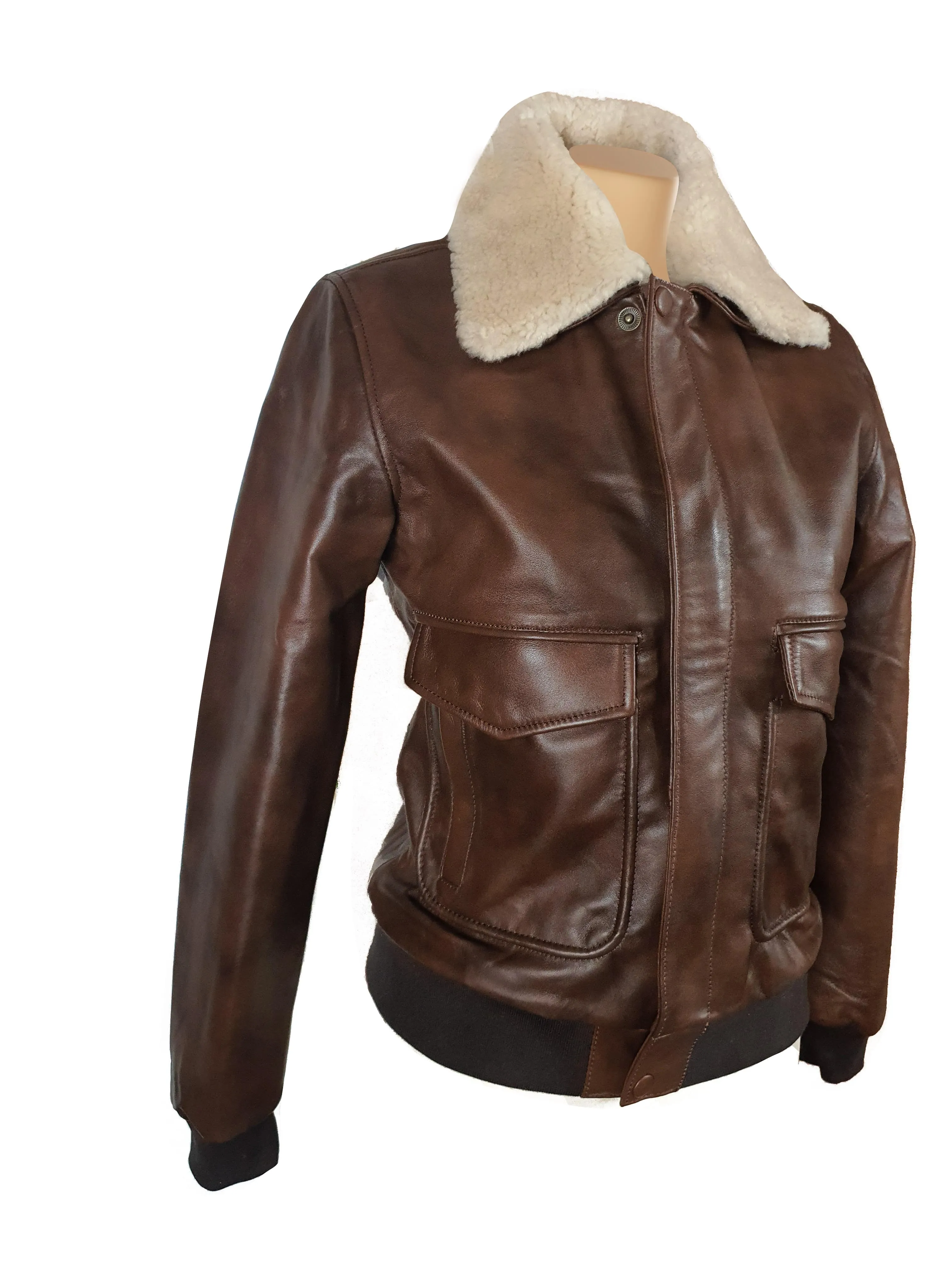 Cindy's two tone Brown A2 bomber Leather Jacket with Fur Collar