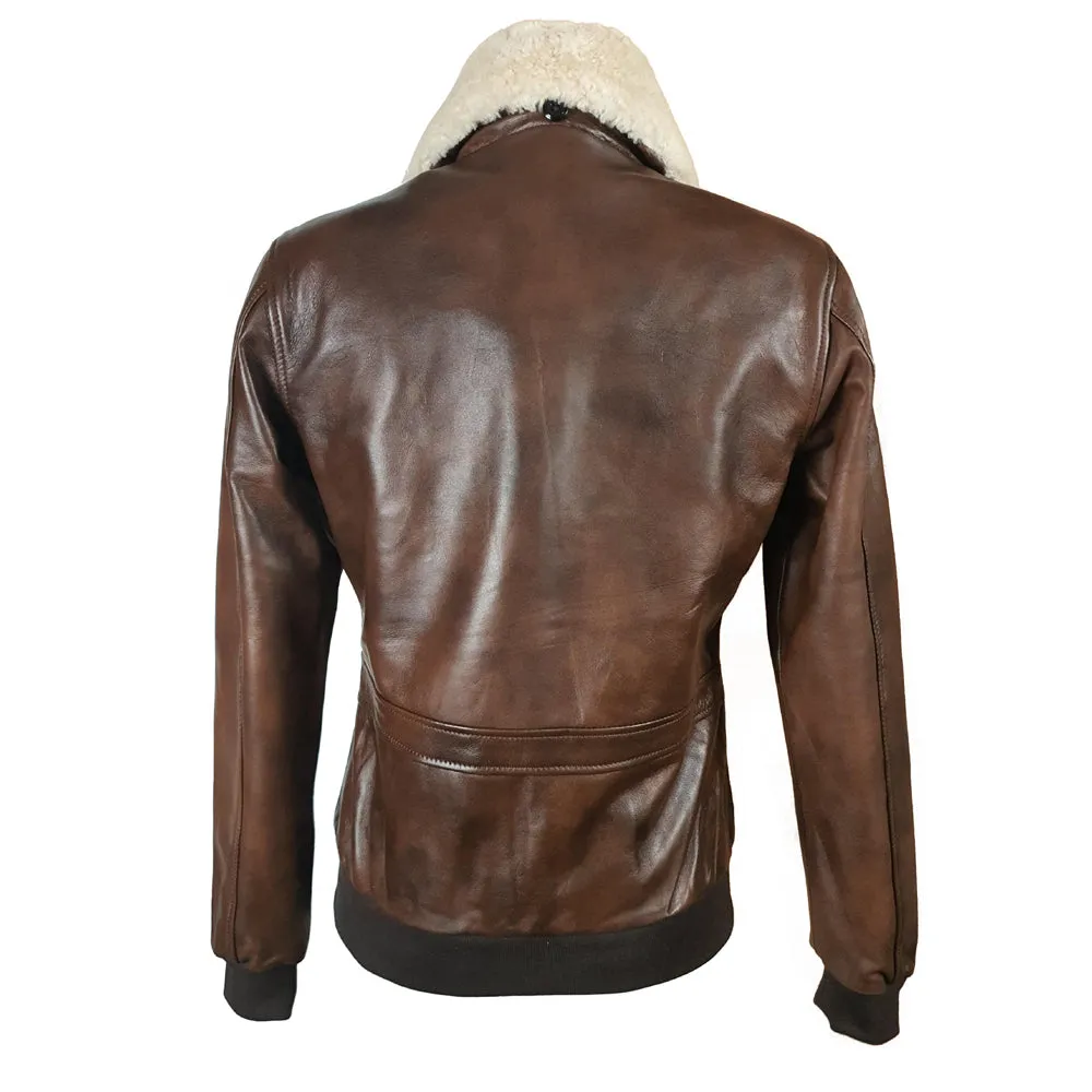 Cindy's two tone Brown A2 bomber Leather Jacket with Fur Collar