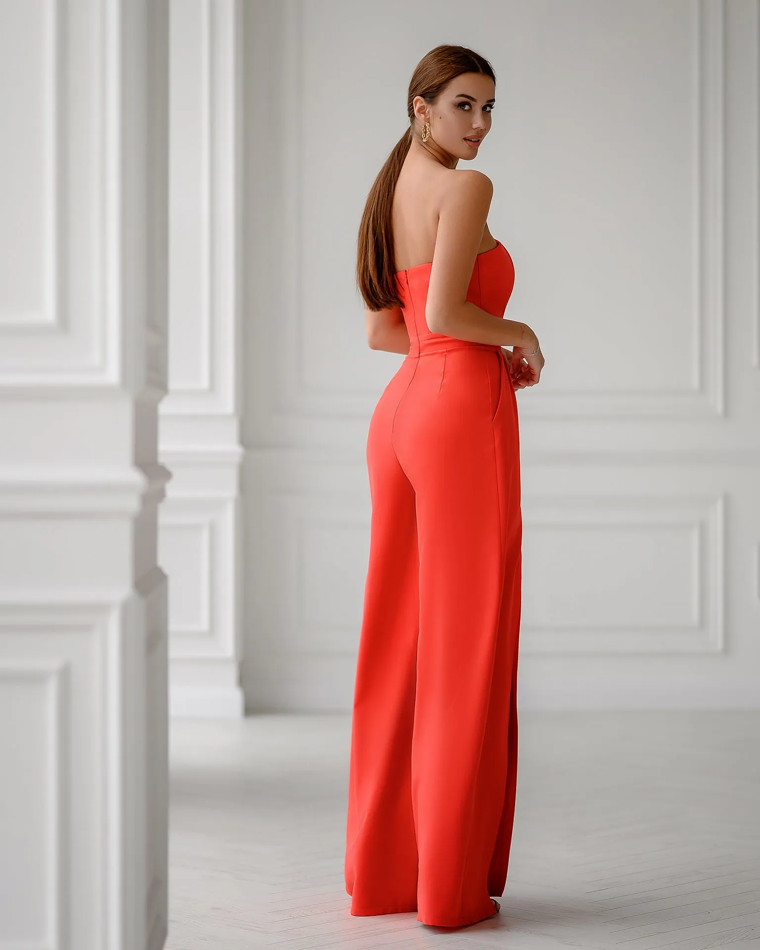 Coral Strapless V-Neck Jumpsuit