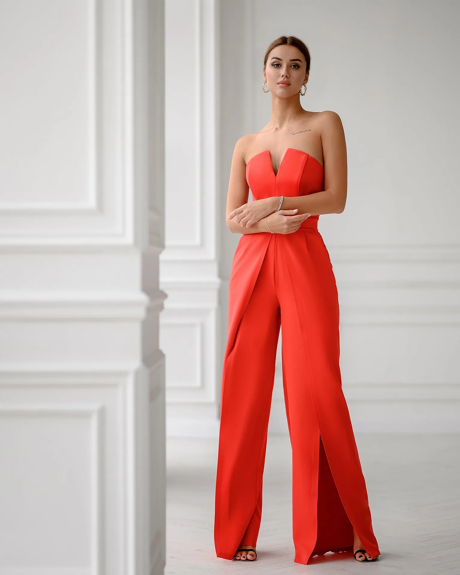 Coral Strapless V-Neck Jumpsuit