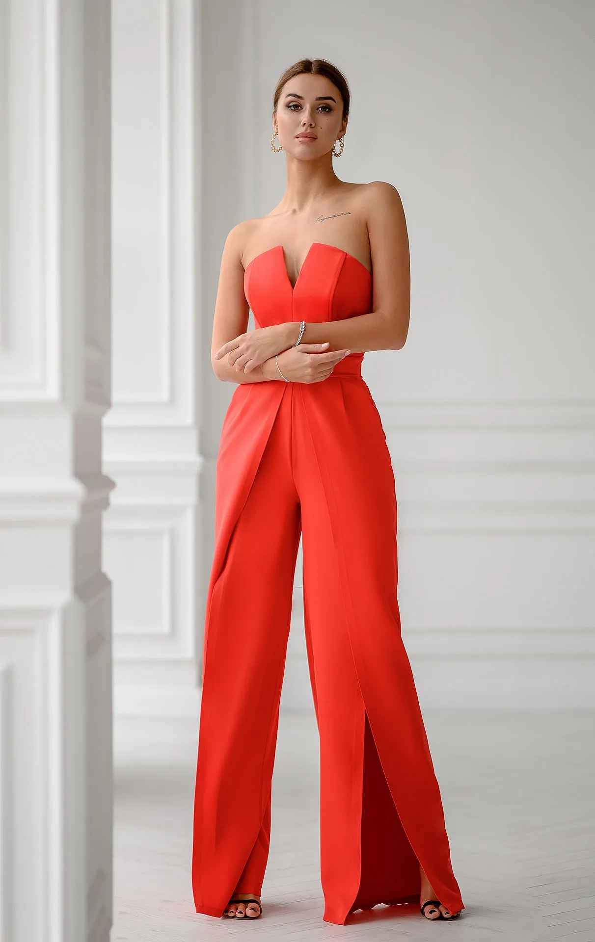 Coral Strapless V-Neck Jumpsuit