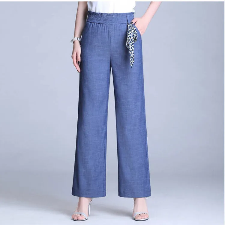 Denim Pants Ice Silk Drape Wide Leg Women High Waist Loose Plus Size Straight Casual Pants