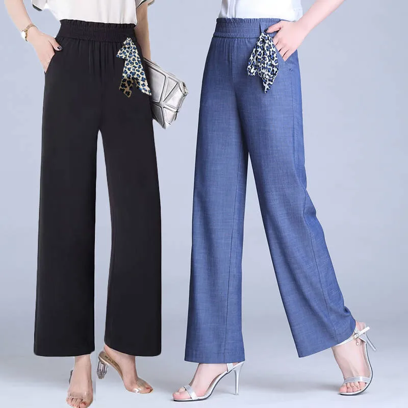 Denim Pants Ice Silk Drape Wide Leg Women High Waist Loose Plus Size Straight Casual Pants