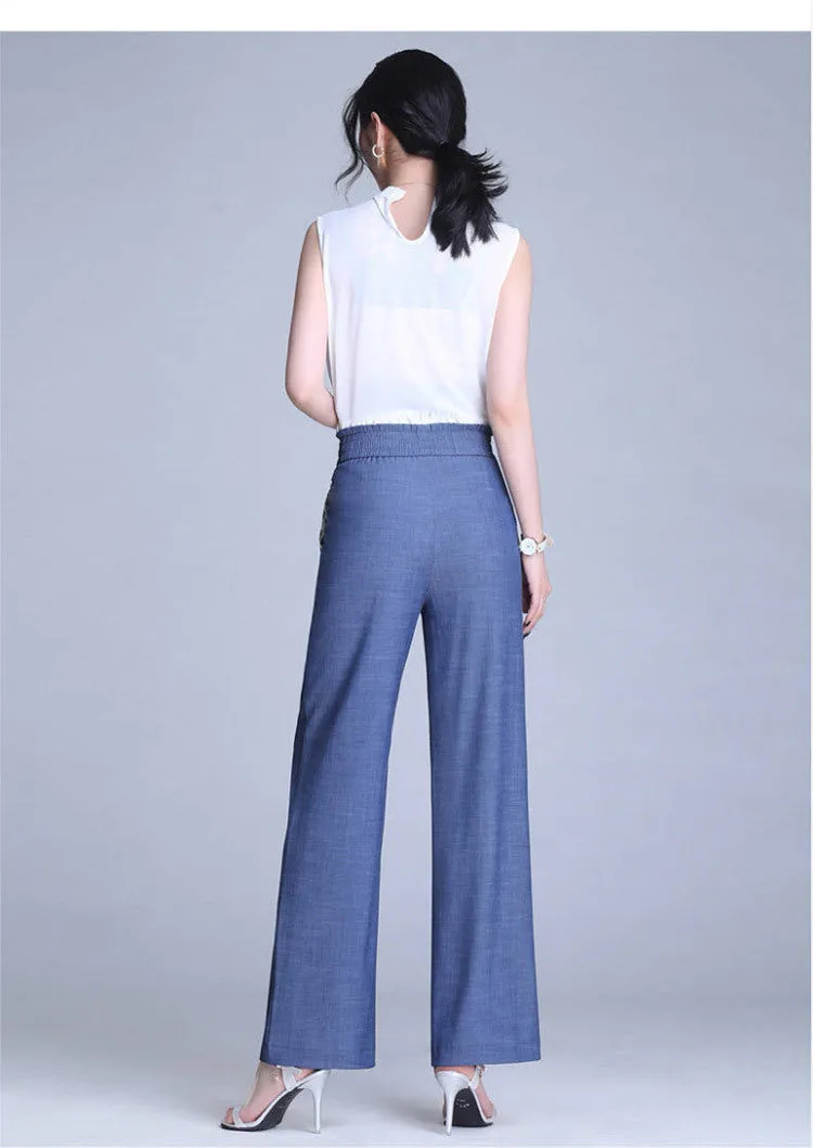 Denim Pants Ice Silk Drape Wide Leg Women High Waist Loose Plus Size Straight Casual Pants